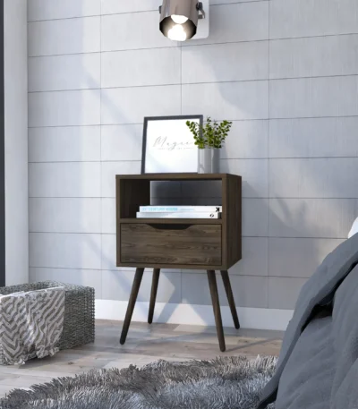 Dark walnut nightstand with one drawer and open shelf – Otom modern bedroom storage furniture by Goldoma