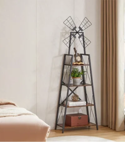 4-Tier Bookshelf Metal Frame Display Storage Shelves Windmill Design for Living Room Home Office Glass Oak FCJ Bookcase