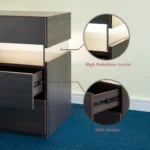 LED nightstand with drawers in walnut finish featuring acrylic board lighting for bedroom