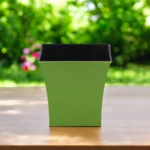 Lime green recycled plastic planter square pot with succulent plant on wooden table