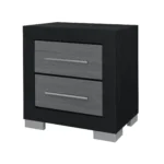 Elsa modern nightstand in black and grey with two drawers placed beside a bed in a contemporary bedroom