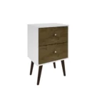 Mid century modern nightstand with 2 drawers in white and rustic brown finish on tapered legs