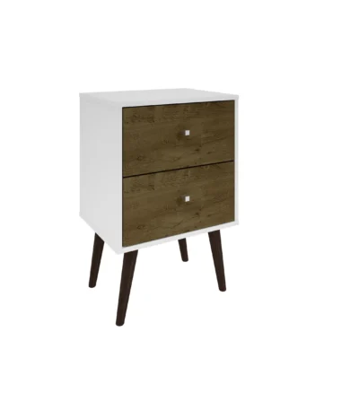 Mid century modern nightstand with 2 drawers in white and rustic brown finish on tapered legs