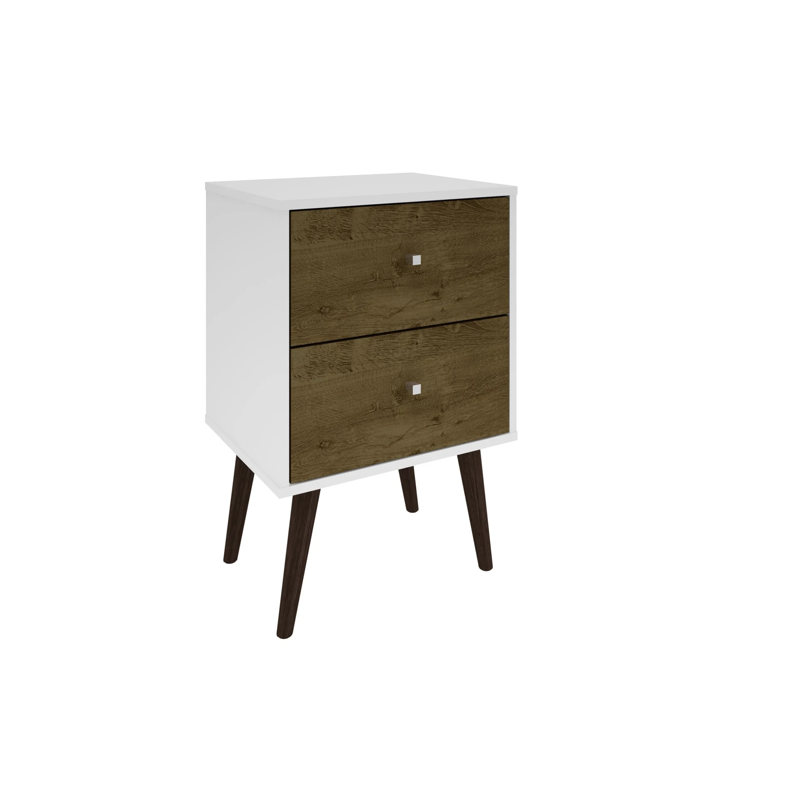 Hc28fe84ddbab4439bc3f3c7d55c2fd43c.webp Mid century modern nightstand with 2 drawers in white and rustic brown finish on tapered legs
