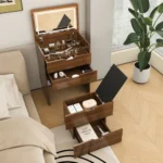 3-in-1 solid wood vanity desk with lighted mirror and flip-top storage stool in a modern bedroom setting