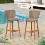 Adjustable Outdoor Bar Stool Teak Wood with Light Grey Wicker Set of 2 for Restaurant & Cafe Dining – in a cozy room
