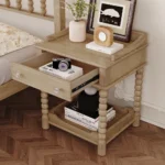 Retro wood nightstand with drawer and open shelf, natural turned legs
