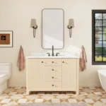 Goldoma 48 inch freestanding bathroom vanity with curved design and white marble top, front view in a bright bathroom.