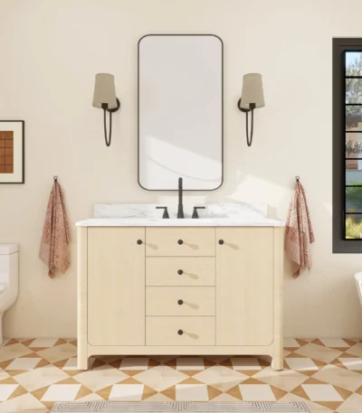 Goldoma 48 inch freestanding bathroom vanity with curved design and white marble top, front view in a bright bathroom.