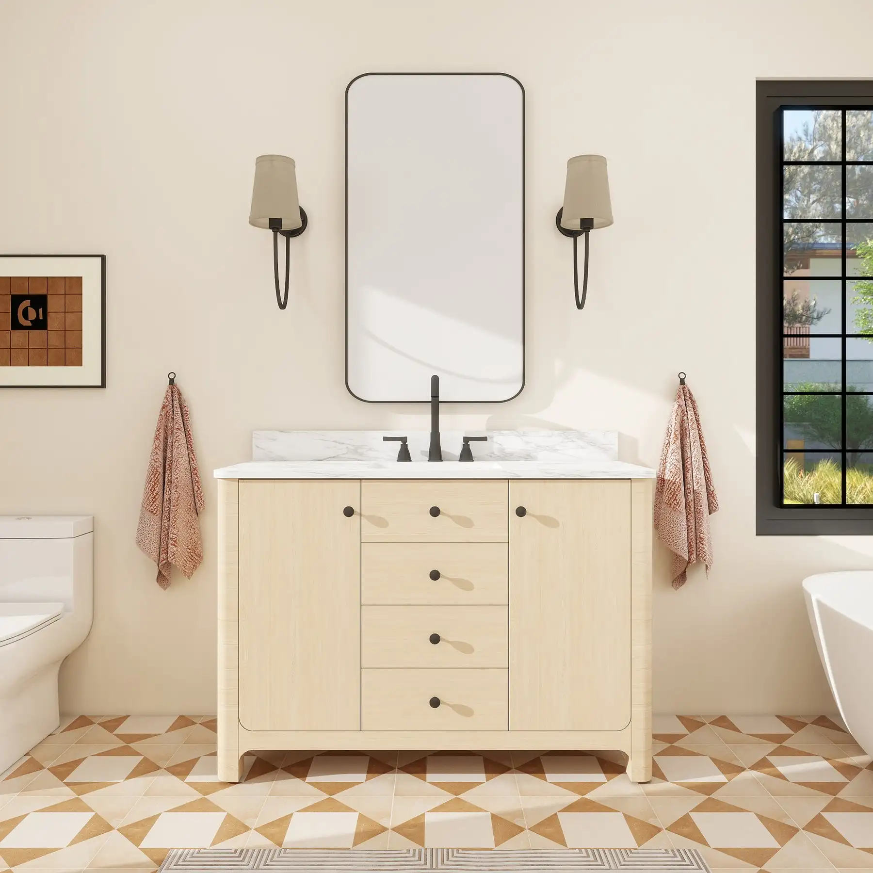 Goldoma 48 inch freestanding bathroom vanity with curved design and white marble top, front view in a bright bathroom.