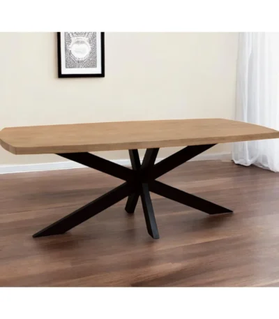 82 inch solid wood and iron pedestal dining table in natural and black finish with rustic distressed look
