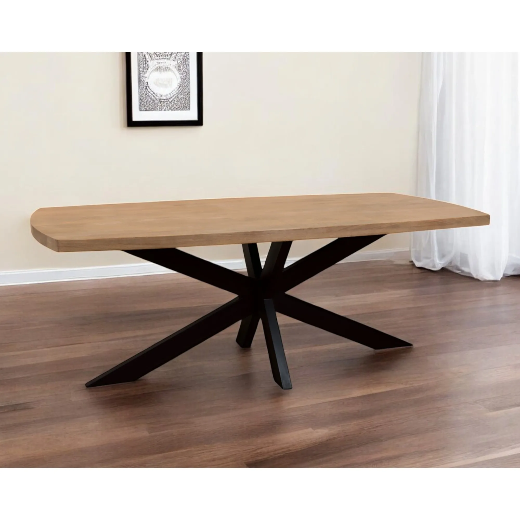 Hc319c36d9ed0479da89a9a169f9b181ax.webp 82 inch solid wood and iron pedestal dining table in natural and black finish with rustic distressed look