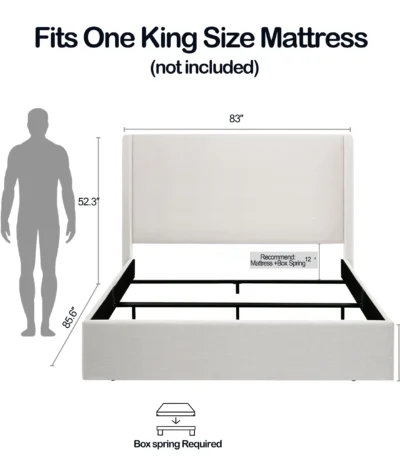 Goldoma ivory chenille wingback bed with high headboard in queen size, upholstered textured fabric, minimalist design