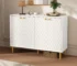 Modern sideboard cabinet with hexagon honeycomb pattern and four doors in a living room setting