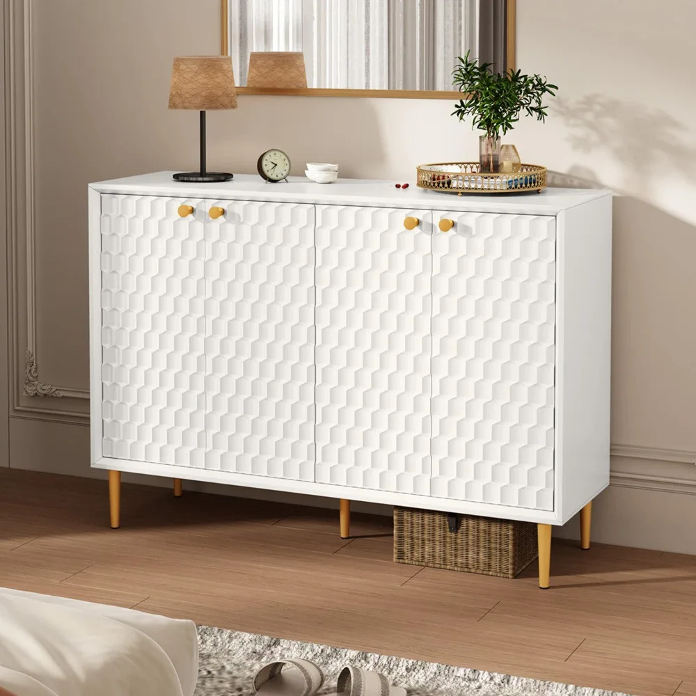 Hc31ceecb83c441459db5643d572b6071c.webp Hexagon Honeycomb Pattern Sideboard Cabinet with 4 Doors, Credenza Storage Cabinet, Modern Kitchen Buffet - Image 1