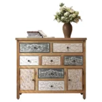 Vintage Wooden Accent Chest 7 Drawers 2 Cabinets - Rustic Multicolor Carved Storage Dresser – base detail