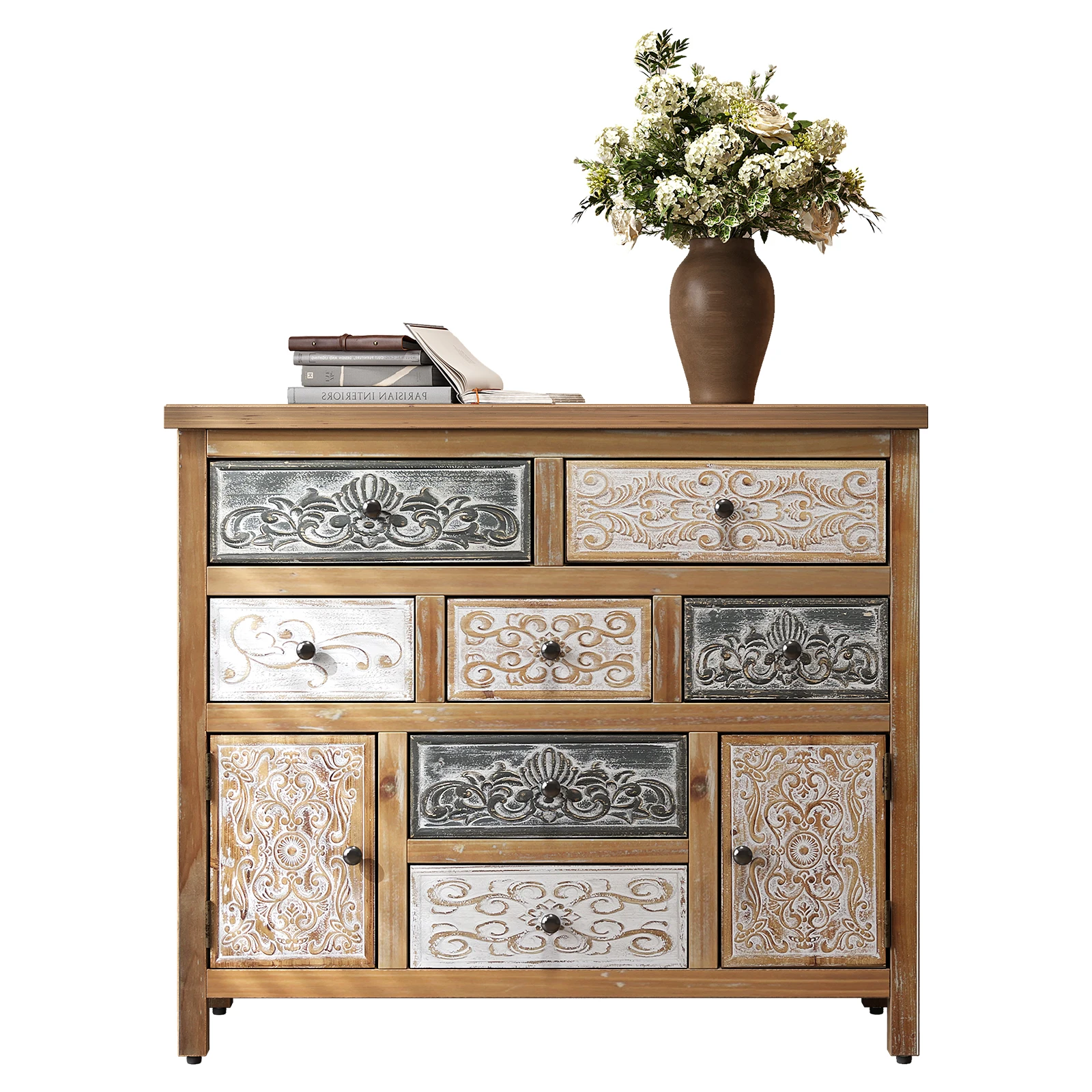 Vintage Wooden Accent Chest 7 Drawers 2 Cabinets - Rustic Multicolor Carved Storage Dresser