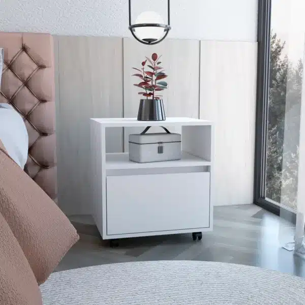 Austin Nightstand - White Single Drawer Side Table with Casters