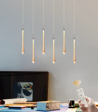 Modern Dimmable LED Crystal Pendant Light, 6-Light Chrome Chandelier with Bubble Glass Teardrop for Kitchen Island, Dining