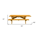 Goldoma natural solid wood outdoor picnic table with umbrella hole on a patio