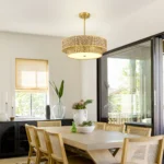 17.7 Inch Woven Rattan Linen Semi Flush Mount Ceiling Light Fixture, Modern Boho Drum Lamp, Farmhouse Gold Wicker Chandelier