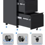 Black FCJ Fully Assembled Mobile Metal File Cabinet 2 Drawer Vertical Lock Wheels Letter Size Office Storage for Desk Office