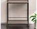 Gray and black steel rolling bar cart with wine bottles and glasses on display