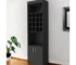 Small bar cabinet for home with black stainless steel frame and 18 glass shelves in a living room