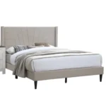 Goldoma queen upholstered platform bed with charcoal fabric headboard in modern bedroom