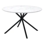 Round glass top dining table with white and black steel base and lazy Susan