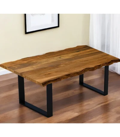 63-inch solid wood dining table with black sled base and brown top in modern industrial style from Goldoma