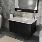 30 Inch Bathroom Vanity Cabinet With Ceramic Sink - Black Wall Mounted Floating Fluted Vanity With Drawers, Modern – top view