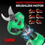 Goldoma cordless pruning shears cutting a thick branch in a garden