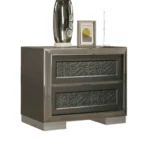 Goldoma contemporary 2-drawer wood nightstand with gold caps in bedroom setting