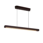 Detail of the lamp's black metal frame and LED bulb, with the fixture suspended from a white ceiling.