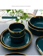 Green With Gold Inlay Quality Plates Full Set Luxury Steak Food Tray Ceramic Dinner Dish Salad Bowl Spoon Porcelain
