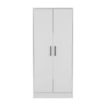 White two-piece bedroom set with dresser and armoire featuring metal handles and manufactured wood construction