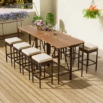 10-Piece Modern Acacia Wood PE Rattan Wicker Outdoor Dining Set Foldable Tabletop 8 Stools Eco-Friendly Durable All-Weather