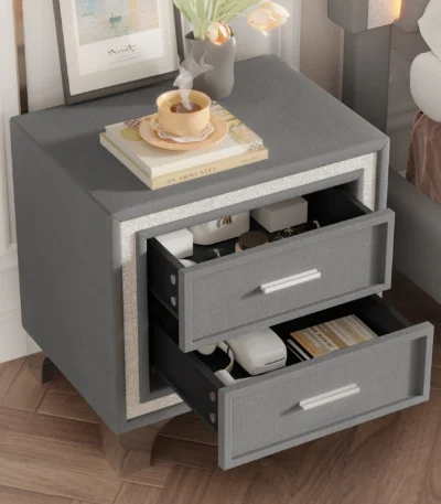 Mid-century velvet nightstand with silver glitter strip and two storage drawers in gray