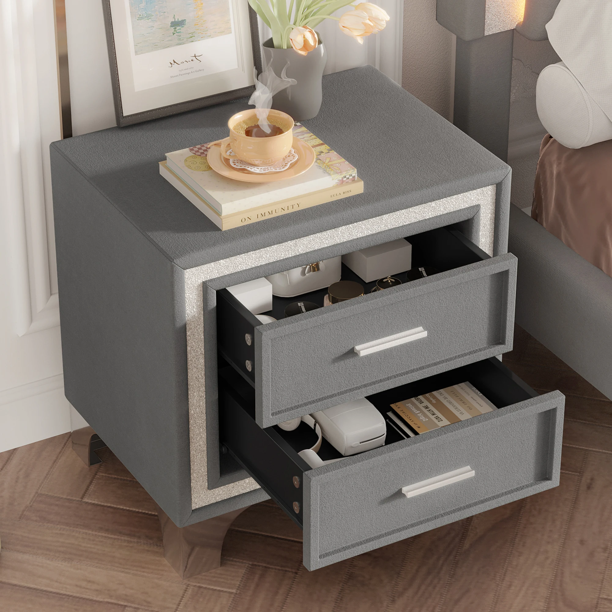 Mid century nightstand with velvet drawers in a cozy bedroom setting