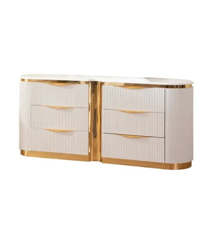 Modern 6-drawer dresser in white with gold drawer handles, featuring eco-friendly wood construction for bedroom storage