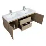 Goldoma 1500mm bathroom vanity with white countertop and Andean oak texture, front view against a tiled wall.