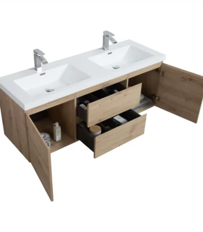 Goldoma 1500mm bathroom vanity with white countertop and Andean oak texture, front view against a tiled wall.
