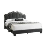 Goldoma queen upholstered bed with LED floral headboard in charcoal wool fabric