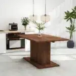 HMS 63 Inch Brown Wood Self-Storing Leaf Extendable Dining Table with Pedestal Base – top view