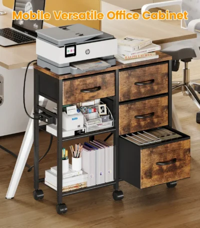 Hot Sale Brown Wood Grain Print 4-Drawer Mobile File Cabinet Open Storage Shelf Rolling Printer Stand Fitted for A4 Letter