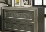 Goldoma contemporary 2-drawer wood nightstand with gold caps in bedroom setting