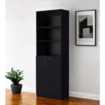HMS 71 Black Five-Tier Oak Bookshelf with Two Doors Minimalist Design for Home Office Workshop or Living Room