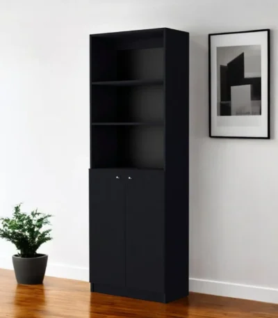 HMS 71 Black Five-Tier Oak Bookshelf with Two Doors Minimalist Design for Home Office Workshop or Living Room