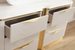 Modern 6-drawer dresser in white with gold drawer handles, featuring eco-friendly wood construction for bedroom storage